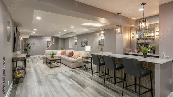Obraz Modern basement recreation room with bar and living area.