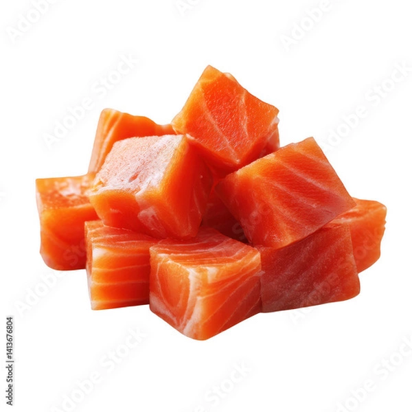 Fototapeta Fresh Raw Salmon Meat Cubes Dice for Sushi and Sashimi  Isolated Transparent Background