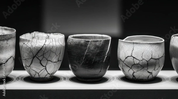 Fototapeta An artful composition featuring a row of five ceramic cups. The texture of cups shows the cracks in it, with its shadows and shapes.