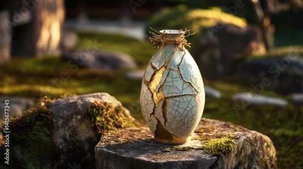 Fototapeta A ceramic vase, Kintsugi style, showcasing beauty in imperfection. The broken ceramic vase is adorned with gold-filled seams, celebrating resilience and renewal. The vase sits in an outdoor setting.