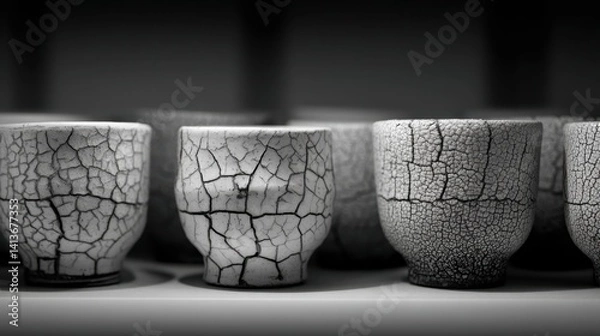 Obraz A collection of unique ceramic teacups with a crackle glaze, arranged on a shelf in a minimalist setting. The monochrome palette and textures add a sense of artistry and age
