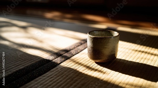 Fototapeta A ceramic cup sits gracefully amidst the gentle sunlight, casting shadows across a traditional tatami mat, evoking a sense of peace and tranquility