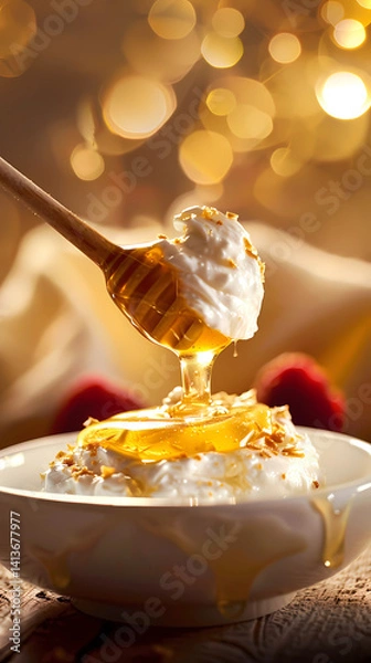 Obraz Honey drizzling from wooden dipper onto creamy cheese, golden bokeh lights creating luxurious ambiance