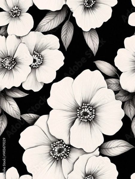 Fototapeta Vintage Black and White Bloom Seamless Pattern Design