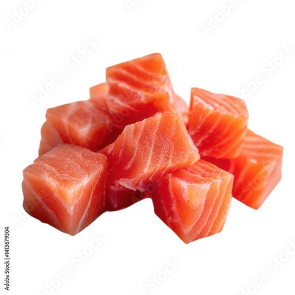 Fototapeta Fresh Raw Salmon Meat Cubes Dice for Sushi and Sashimi  Isolated Transparent Background