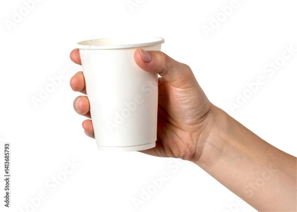 Obraz hand holding white paper cup isolated on transparent background Generative Ai.
