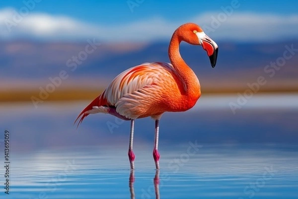 Fototapeta A flamingo standing in a salt flat in Bolivia, its pink feathers reflecting in the still water
