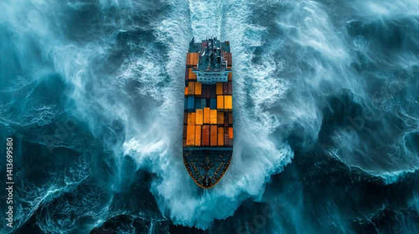 Fototapeta 
A container ship battles massive waves in a turbulent ocean seen from above symbolizing volatile markets economic instability and the struggle to navigate financial crises in uncertain times

