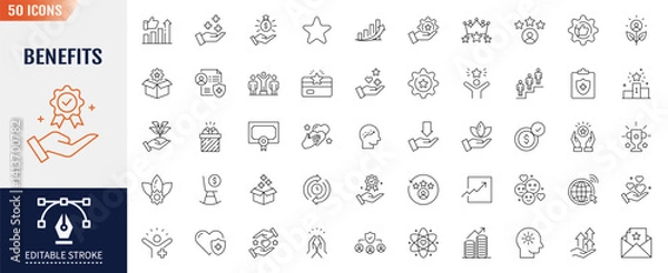 Fototapeta Benefits line editable icon set. Containing quality, teamwork, productivity. Vector illustration