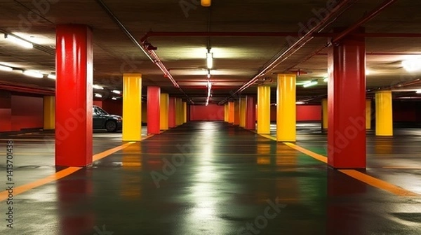 Obraz Modern underground car park in vancouver, british columbia, canada, with well-lit parking spaces and concrete floors