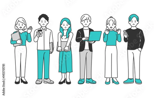 Fototapeta ポーズをとる若い男女の全身セット【人物ベクターイラスト素材】
