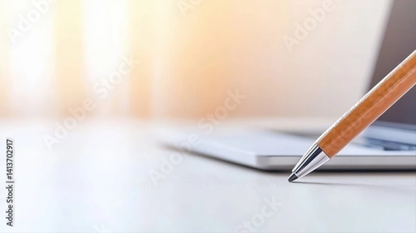 Fototapeta Close-up of orange pen on table with laptop in background