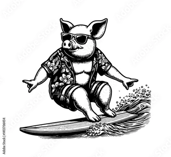 Fototapeta Pig boar hog surfing on ocean waves wearing beachwear in summer style