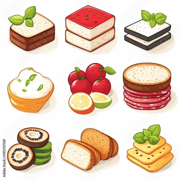 Obraz Colorful Snack Food Illustration Featuring Fruits, Cheese, Meat, and Vegetables – Gourmet Finger Food Icons for Healthy Cuisine and Culinary Presentation