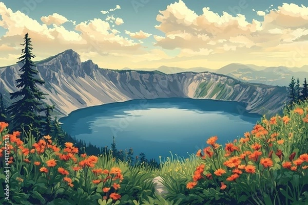 Obraz Idyllic Wilderness Landscape: Tranquil Lake and Mountains with Vibrant Colors and Blooming Flowers in National Park
