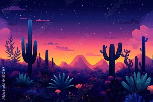 Obraz Dreamlike Cactus Garden: Vibrant Desert Landscape with Starry Night Sky - Surreal Digital Illustration