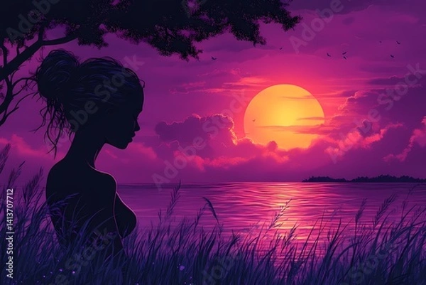 Obraz Silhouette Woman at Sunset over Ocean: Tranquil Purple Twilight Scenery and Dreamlike Nature Reflection