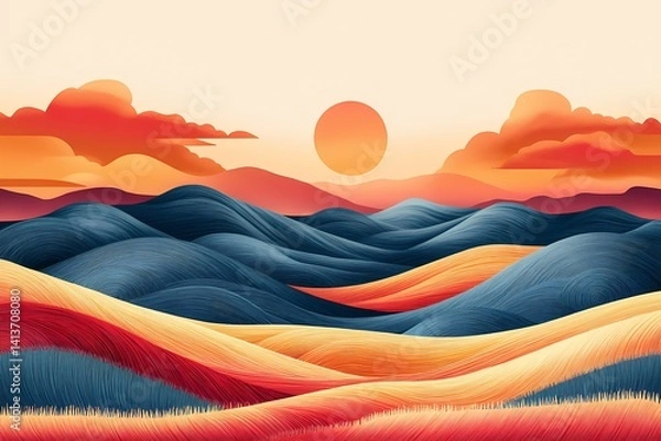Obraz Vibrant Abstract Landscape Illustration: Serene Sunset Hues over Idyllic Hills