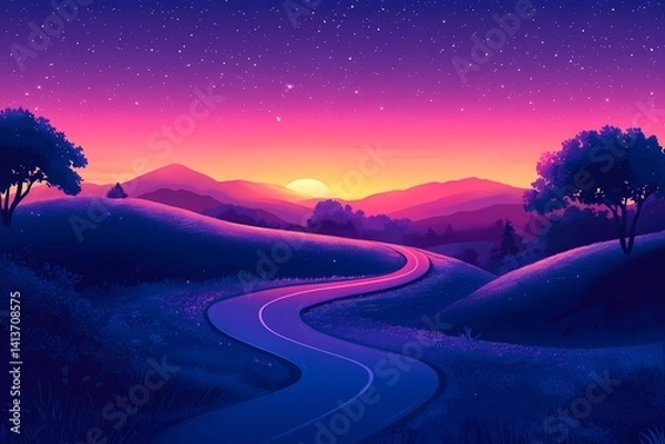 Obraz Vibrant Sunset Road: Tranquil Evening Landscape Nature Illustration - Digital Art Journey through Curved Scenic Hills