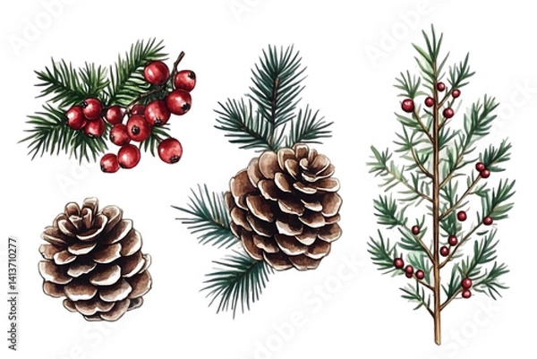 Fototapeta Watercolor Illustration of Pinecones and Berries on Transparent Background