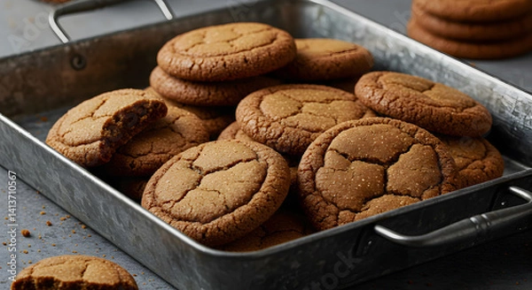 Fototapeta Deliciously Baked Ginger Snap Cookies On A Rustic Tray For Refreshments