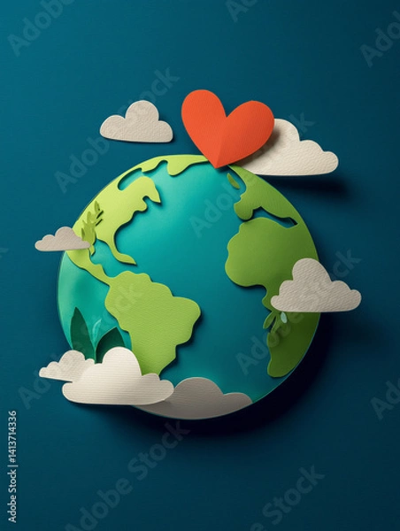 Fototapeta Paper Cutout Earth with Heart Shape on Blue Background