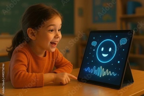 Fototapeta Interactive Learning: A young girl lights up with glee as she interacts with a tablet, a technological marvel that has unlocked a realm of knowledge.
