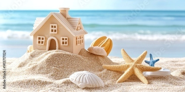 Fototapeta Beach House Model In Sand With Seashells And Starfish