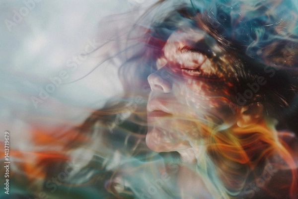 Fototapeta Surreal Dreamscape Portrait of Woman with Colorful Light and Underwater Effects, Dreamy, Meditation, Lost, Mystical, Energy Connection