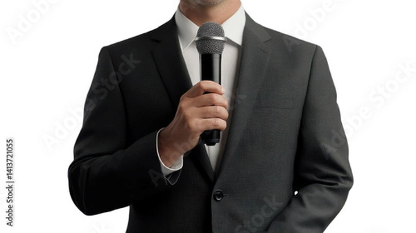 Fototapeta Public Speaking: A man in a formal suit holds a microphone, ready to speak with confident body language and professional attire.