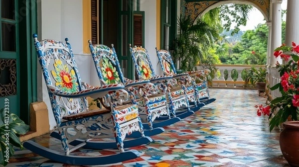 Fototapeta A set of intricately carved and brightly painted rocking chairs is placed in the shade of a colonial-style veranda. Each chair features floral and vine patterns in vibrant colors, 