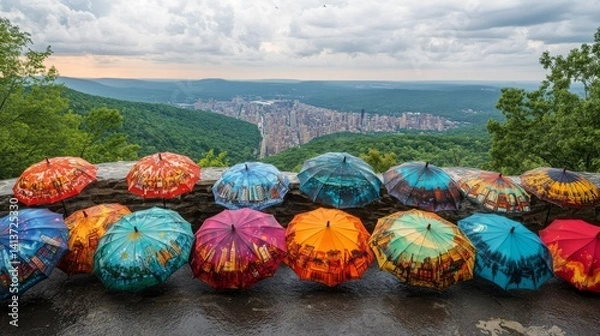 Fototapeta An array of artistic umbrellas with hand-painted designs depicting cityscapes and natural scenes is spread open along the edge of a scenic overlook. The umbrellas, in hues of coral