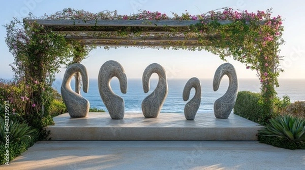 Fototapeta Five polished stone sculptures of abstract human forms are arranged artfully in an open-air gallery overlooking the ocean.
