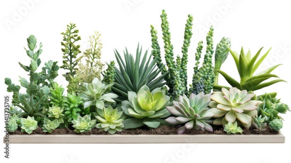 Fototapeta Succulent Garden Arrangement: A vibrant collection of succulents in a rectangular planter, showcasing a variety of textures, colors, and shapes.