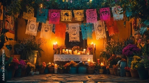 Obraz Day of the Dead Altar with Candles Flowers and Papel Picado Decorations