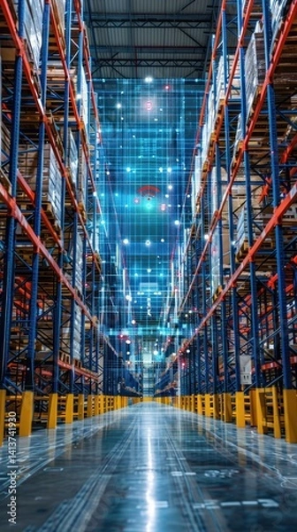 Obraz Warehouse inventory management system, aisle view, digital overlay, future logistics