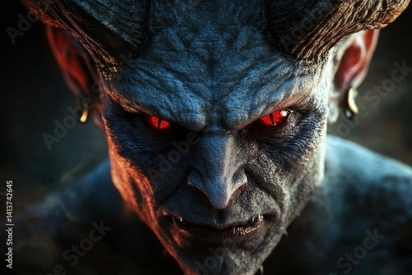 Fototapeta Sinister Creature with Horns and Red Eyes Staring Intensely
