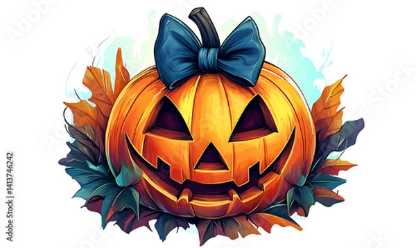Fototapeta Teenagers and cartoon characters joyfully celebrating Halloween with costumes, candy, shopping, and spooky fun, isolated on white background.