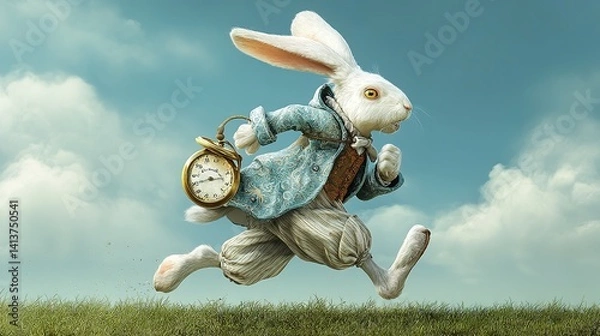 Fototapeta White rabbit running with a pocket watch, representing time.