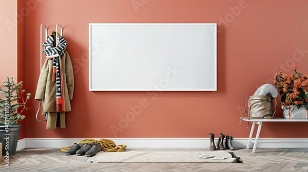 Fototapeta A white rectangular frame mounted in a hallway, surrounded by a coat rack with a scarf, jacket, and shoes on the floor.  HD 8K wallpaper mockup Photographic Image