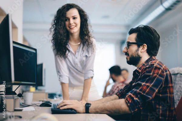 Fototapeta Programmers cooperating at information technology company