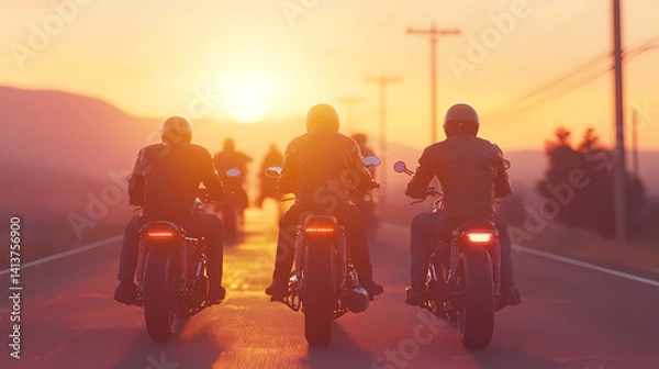 Fototapeta Motorcycle Riders at Sunset: A group of motorcyclists cruise along a sun-drenched highway, silhouetted against a fiery sunset, evoking the spirit of adventure and freedom on two wheels.