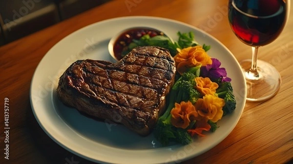 Fototapeta A heart-shaped steak with grilled marks, served with broccoli, edible flowers, and a side of red wine