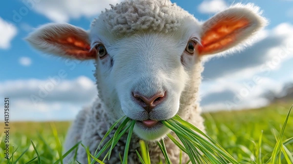 Fototapeta A lamb grazing in an open field under a bright blue sky, representing the purity and innocence associated with Eid al-Adha. AI Generated Images