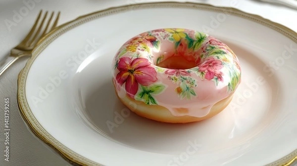 Fototapeta Floral print doughnut on elegant plate.