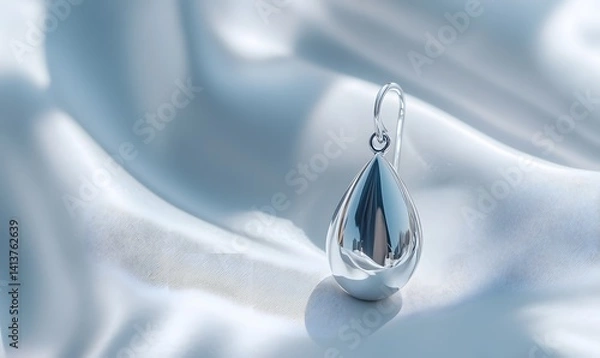 Fototapeta A single silver teardrop earring rests on a white silky fabric, reflecting the light