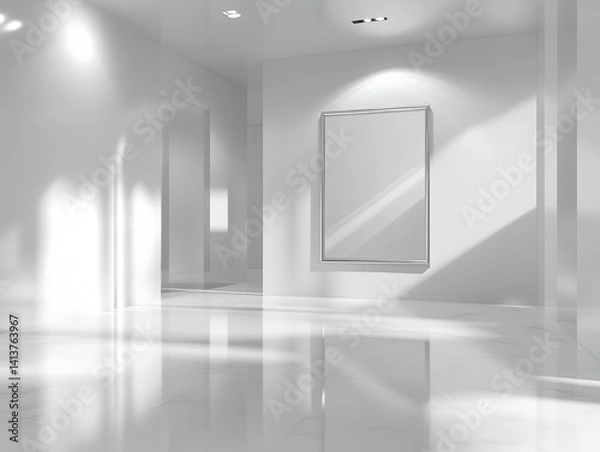 Obraz 白い大理石調のギャラリースペースに飾られたシンプルなフレームアート | Simple Framed Art in White Marble-Inspired Gallery Space