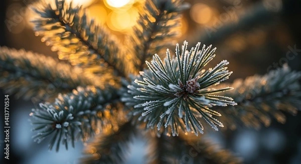 Obraz Frost-Kissed Pine Branch: A Golden Hour Winter Scene