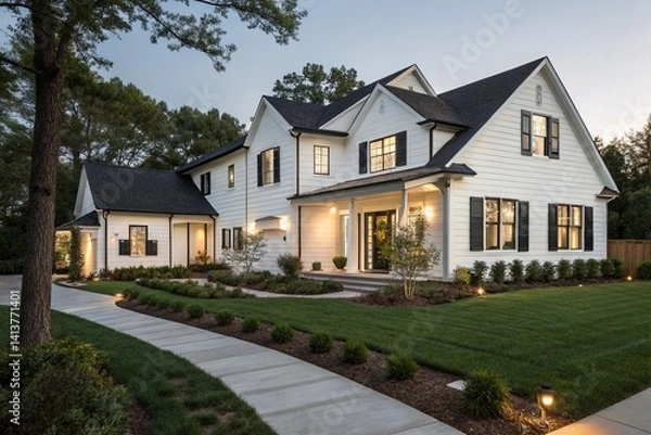 Fototapeta Modern farmhouse exterior with white siding, black window frames, and a front yard garden. Suburban house design with a paved pathway and outdoor lights.