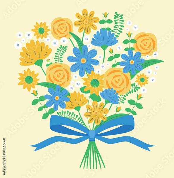 Fototapeta 父の日の黄色いバラとひまわりの花束・ブーケ手書きイラスト:広告バナー背景などに最適